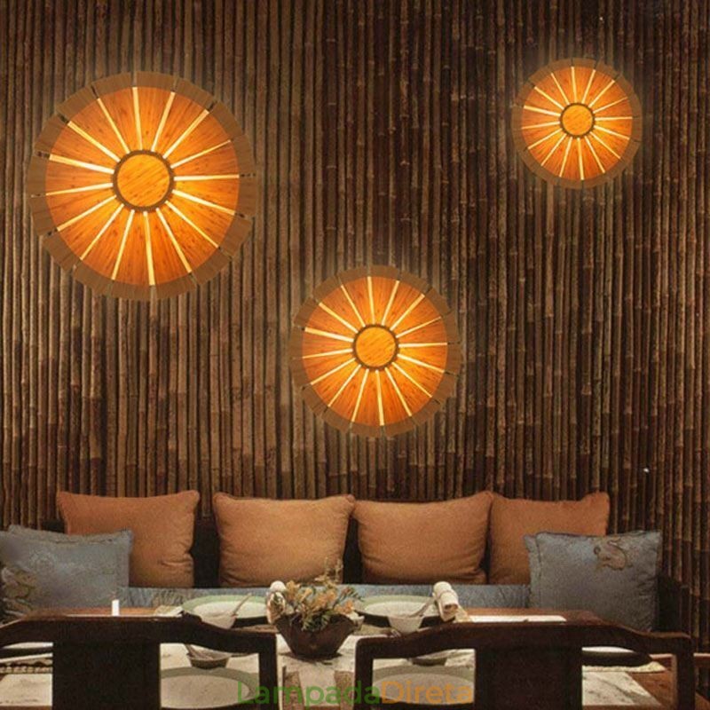 Arandela de parede redonda com flores Luz de parede de bambu exclusiva Iluminação decorativa criativa