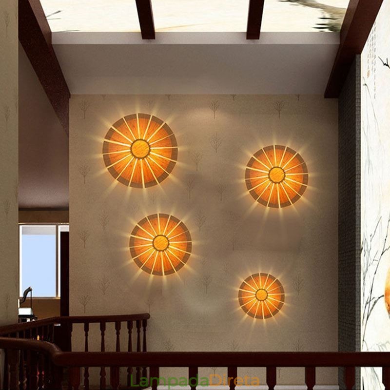 Arandela de parede redonda com flores Luz de parede de bambu exclusiva Iluminação decorativa criativa