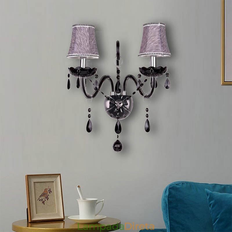 Aplique de cristal estilo europeu, preto, duas velas, luz de parede