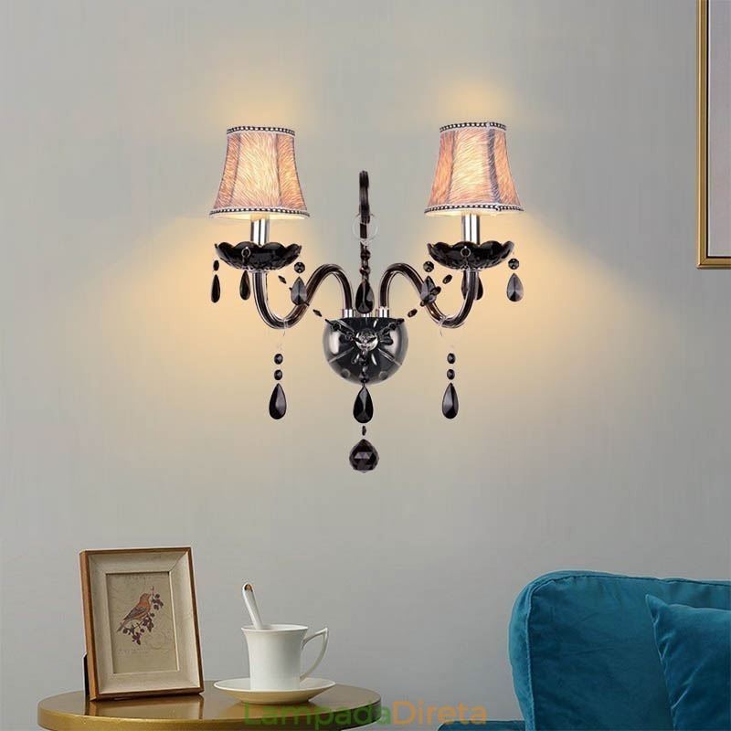 Aplique de cristal estilo europeu, preto, duas velas, luz de parede