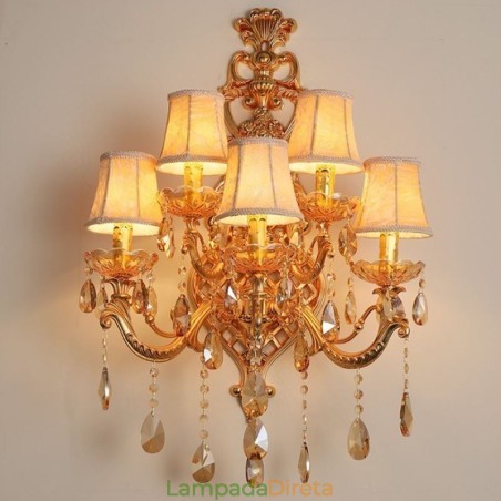 Luminária de parede europeia de cristal de luxo em liga de zinco com cinco luzes para corredor Luminária de parede europeia de cristal de luxo em liga de zinco com cinco luzes para corredor