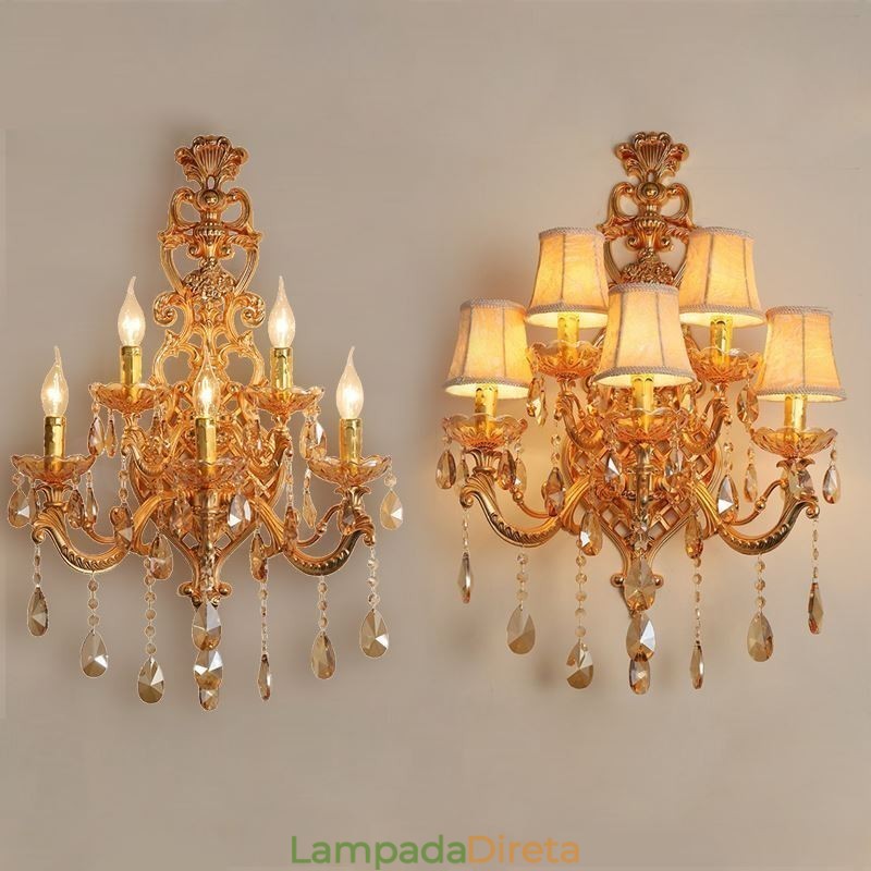 Luminária de parede europeia de cristal de luxo em liga de zinco com cinco luzes para corredor