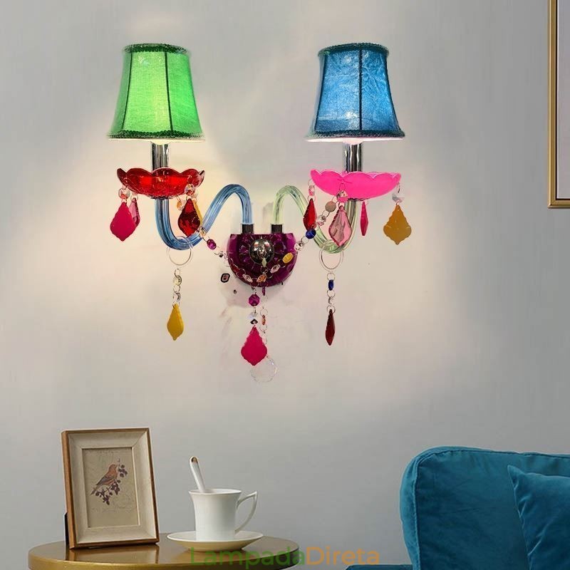 Luminária de parede europeia de duas luzes de cristal colorido para corredor