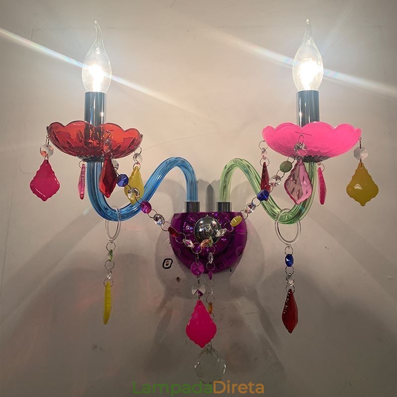 Luminária de parede europeia de duas luzes de cristal colorido para corredor