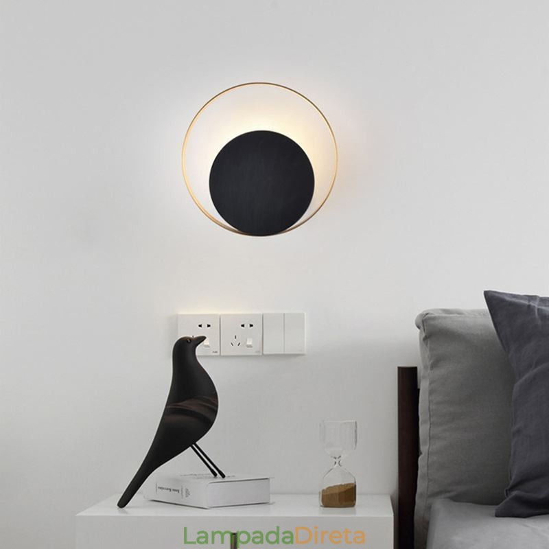 Luminária de parede estilo moderno, arandela circular preta, lâmpada criativa, iluminação de cabeceira