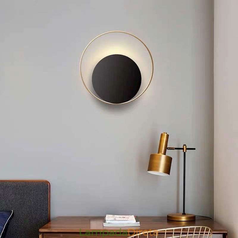 Luminária de parede estilo moderno, arandela circular preta, lâmpada criativa, iluminação de cabeceira