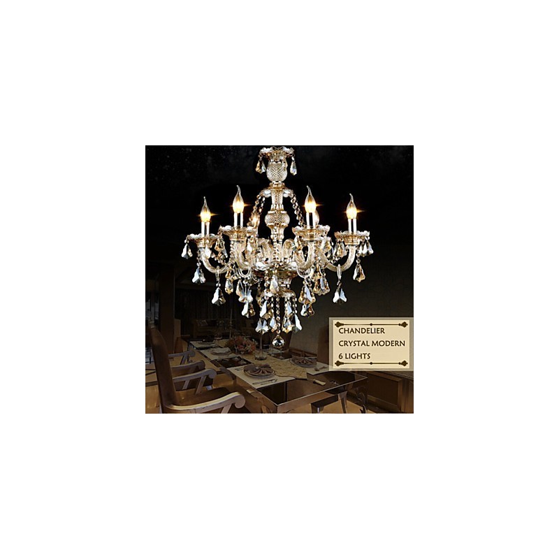Lustre Cor Cognac Cristal Moderno 6 Luzes Contemporâneo Vidro