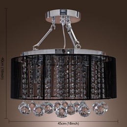 Luminária de parede de cristal moderna embutida com 5 luzes e abajur de tecido preto