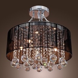 Luminária de parede de cristal moderna embutida com 5 luzes e abajur de tecido preto