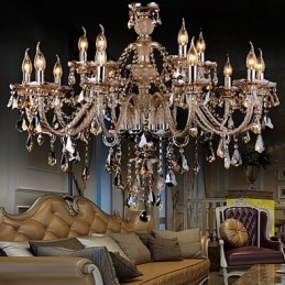 Lustre de cristal cor conhaque luxo moderno 2 níveis sala de estar 15 luzes