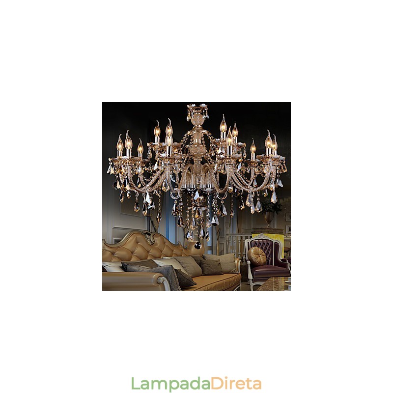 Lustre de cristal cor conhaque luxo moderno 2 níveis sala de estar 15 luzes