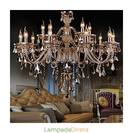Lustre de cristal cor conhaque luxo moderno 2 níveis sala de estar 15 luzes Lustre de cristal cor conhaque luxo moderno 2 níveis sala de estar 15 luzes
