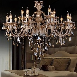 Lustre de cristal cor conhaque luxo moderno 2 níveis sala de estar 15 luzes