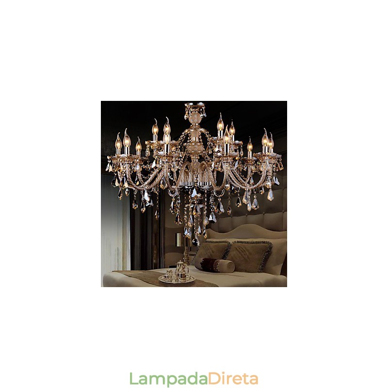 Lustre de cristal cor conhaque luxo moderno 2 níveis sala de estar 15 luzes