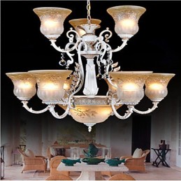 Lustre Branco Doze Luzes Padrão Vidro Sombra Mão Dourado Europeu Retro Clássico