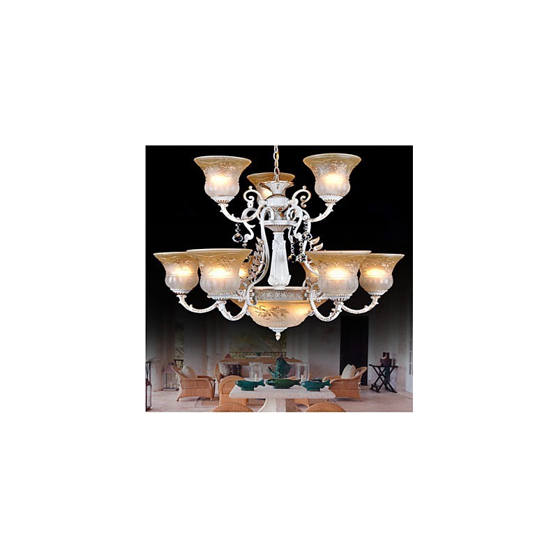 Lustre Branco Doze Luzes Padrão Vidro Sombra Mão Dourado Europeu Retro Clássico