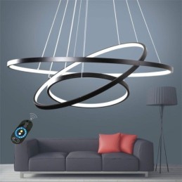 Luminária pendente regulável com controle remoto, design moderno, três anéis