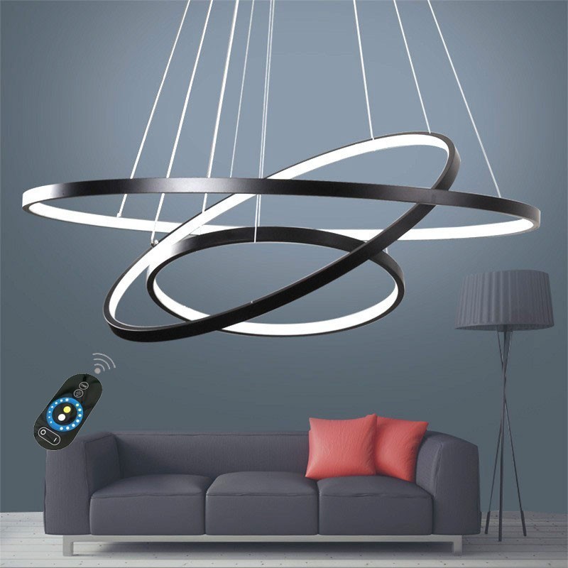 Luminária pendente regulável com controle remoto, design moderno, três anéis