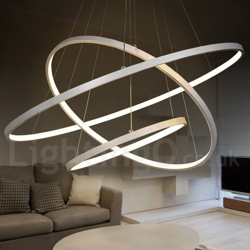 Luminária pendente regulável com controle remoto, design moderno, três anéis