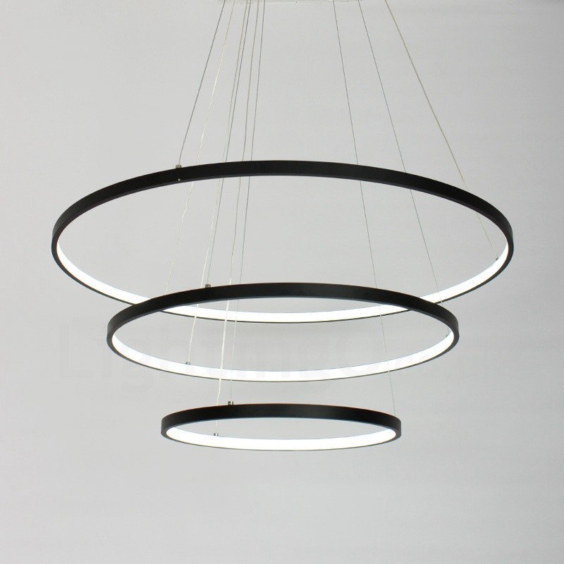Luminária pendente regulável com controle remoto, design moderno, três anéis