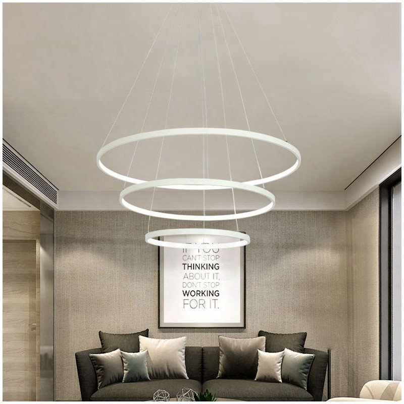 Luminária pendente regulável com controle remoto, design moderno, três anéis