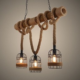 Lustre de corda de bambu retrô americano com três cabeças