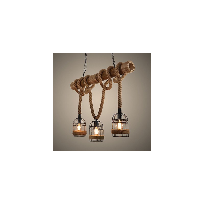 Lustre de corda de bambu retrô americano com três cabeças