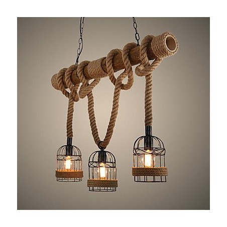 Lustre de corda de bambu retrô americano com três cabeças Lustre de corda de bambu retrô americano com três cabeças