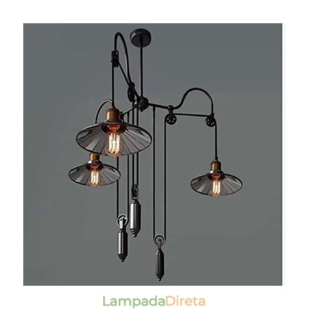 Luminária pendente vintage Pully 3 ilhas Foyer Metal + abajur interno Galss Luminária pendente vintage Pully 3 ilhas Foyer Metal + abajur interno Galss