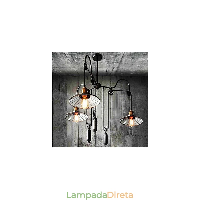 Luminária pendente vintage Pully 3 ilhas Foyer Metal + abajur interno Galss