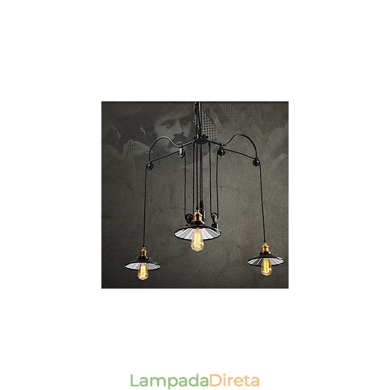 Luminária pendente vintage Pully 3 ilhas Foyer Metal + abajur interno Galss
