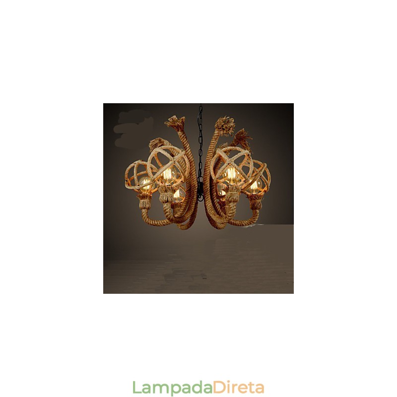 Lustre rural americano de corda de cânhamo com arte em ferro vintage