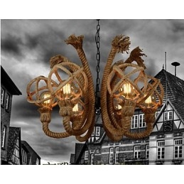 Lustre rural americano de corda de cânhamo com arte em ferro vintage