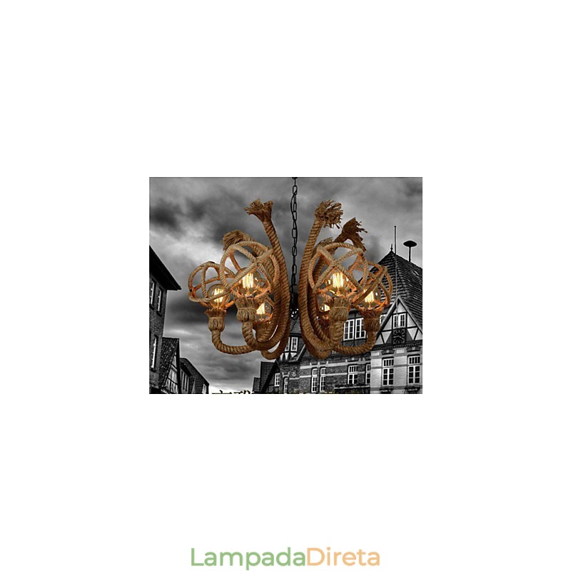 Lustre rural americano de corda de cânhamo com arte em ferro vintage