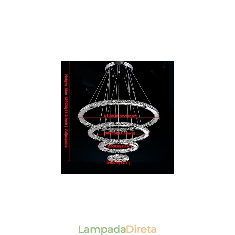 Luminária pendente moderna de cristal transparente para teto, luminária de iluminação com D100CM+D80CM+D60CM+D40CM