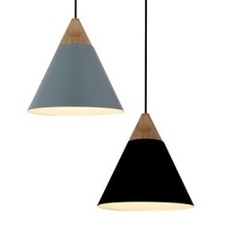 Mini Luminária Pendente Cone Artística 1 Luz Acabamento Mordern Simplicity Preto Branco Azul Poeira Alumínio e Madeira Droplight