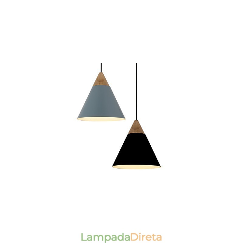 Mini Luminária Pendente Cone Artística 1 Luz Acabamento Mordern Simplicity Preto Branco Azul Poeira Alumínio e Madeira Droplight