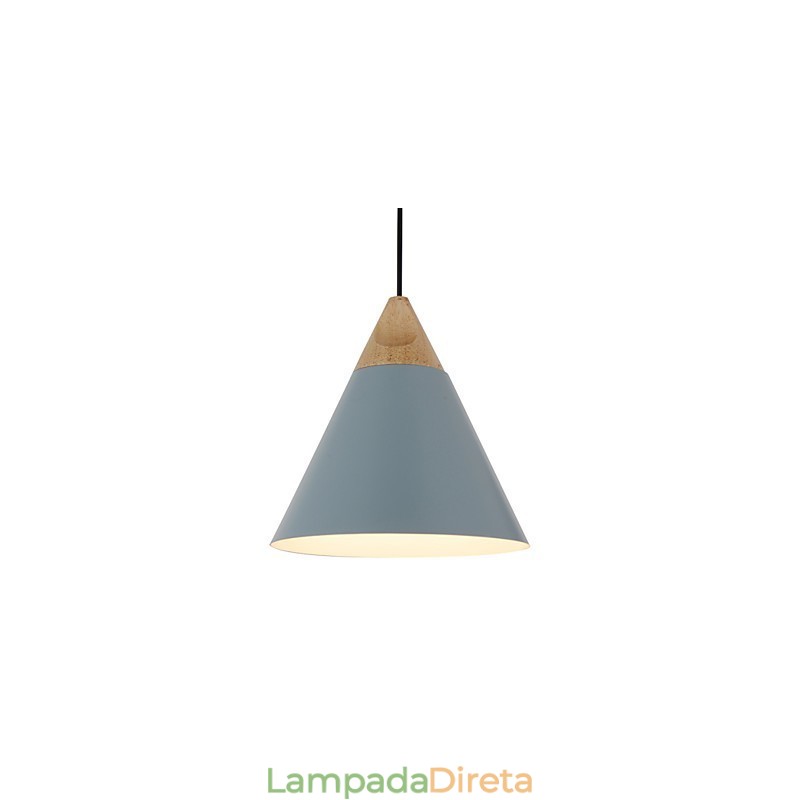 Mini Luminária Pendente Cone Artística 1 Luz Acabamento Mordern Simplicity Preto Branco Azul Poeira Alumínio e Madeira Droplight