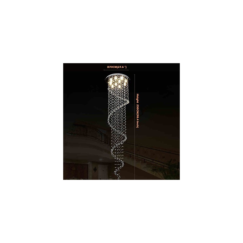 Lustre de cristal moderno com pingente de luz, luminárias de iluminação com espiral única D70CM H250CM