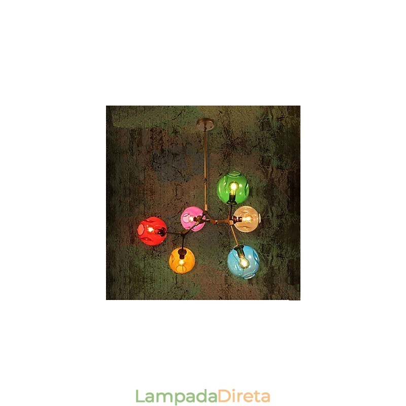 Lustre pendente de vidro colorido com 6 lâmpadas