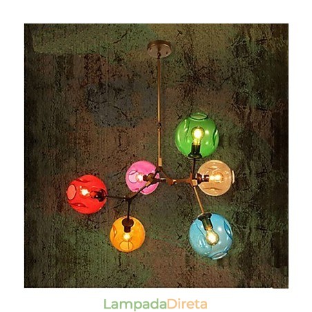 Lustre pendente de vidro colorido com 6 lâmpadas Lustre pendente de vidro colorido com 6 lâmpadas