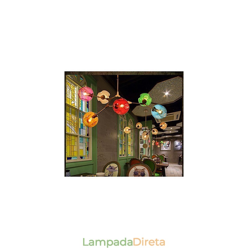 Lustre pendente de vidro colorido com 6 lâmpadas