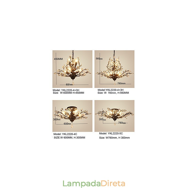Vintage Crystal Flush Mount 7 Luzes Pintura de Metal Preto OU Dourado