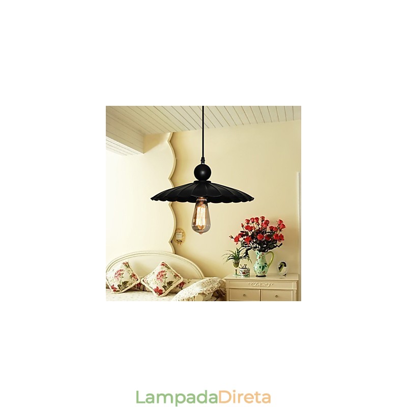 Pingente de metal tipo guarda-chuva preto vintage médio com uma luz