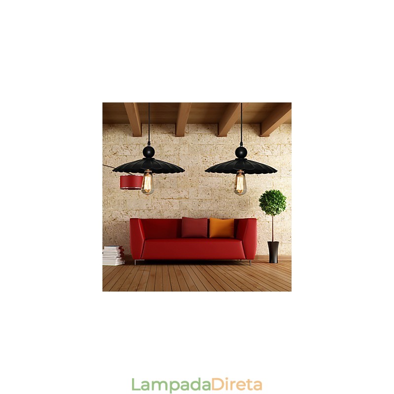 Pingente de metal tipo guarda-chuva preto vintage médio com uma luz