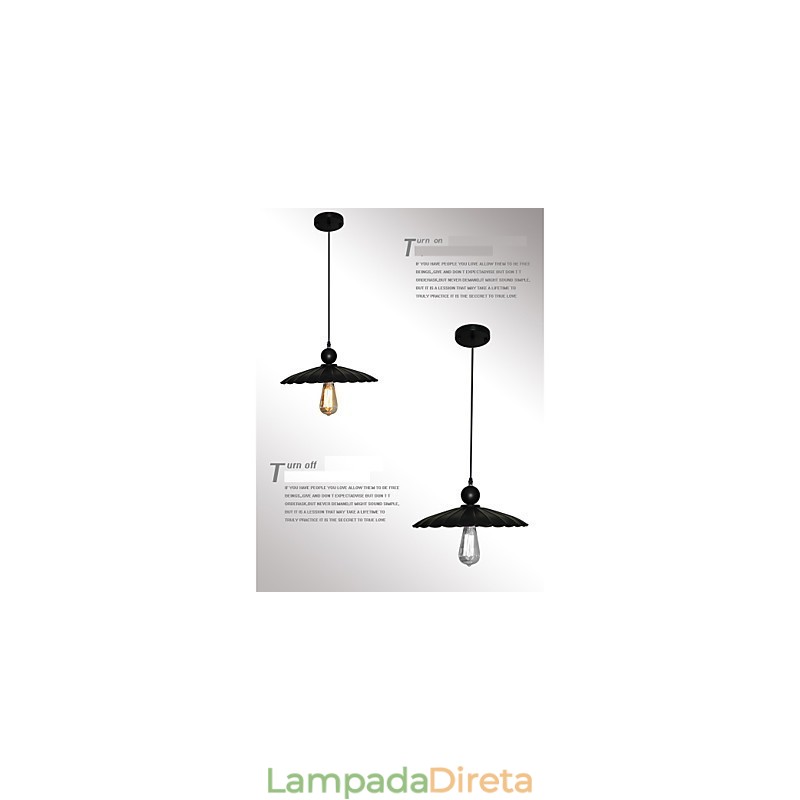 Pingente de metal tipo guarda-chuva preto vintage médio com uma luz