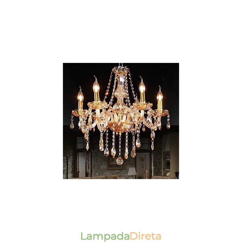 Lustre de cristal elegante âmbar de 6 luzes para casa