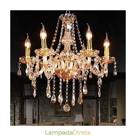 Lustre de cristal elegante âmbar de 6 luzes para casa Lustre de cristal elegante âmbar de 6 luzes para casa