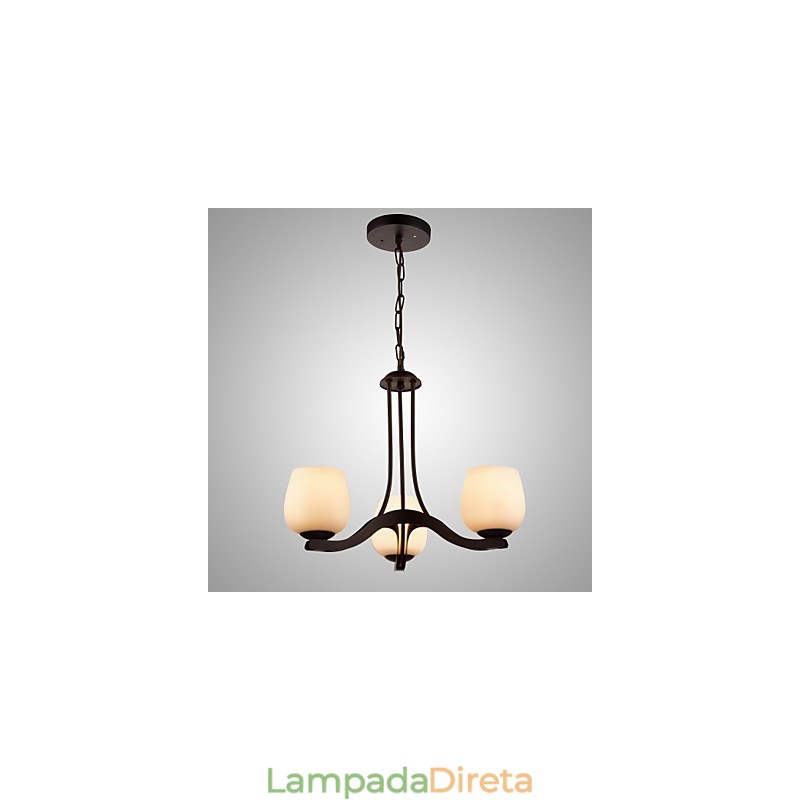 Lustre de pintura de ferro com cúpula de vidro Lâmpada de iluminação clássica 3 cabeças