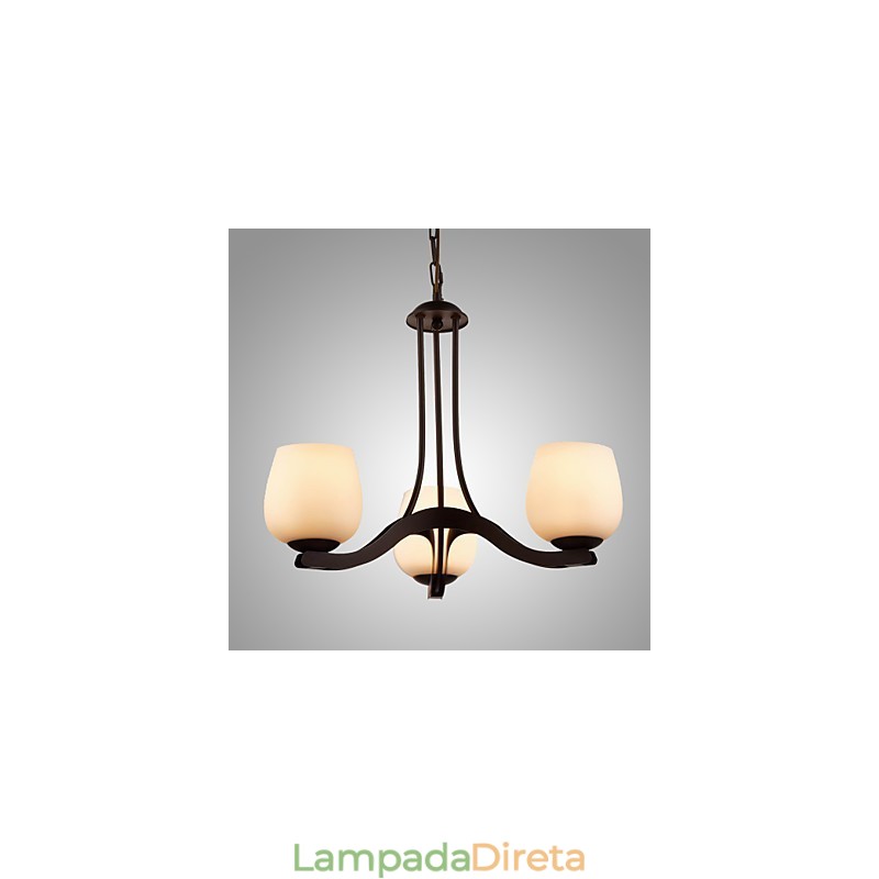 Lustre de pintura de ferro com cúpula de vidro Lâmpada de iluminação clássica 3 cabeças